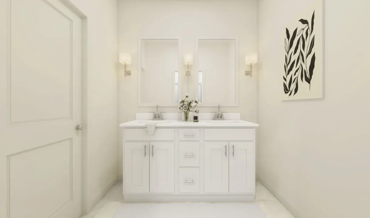 Primary bath with freestanding dual vanities