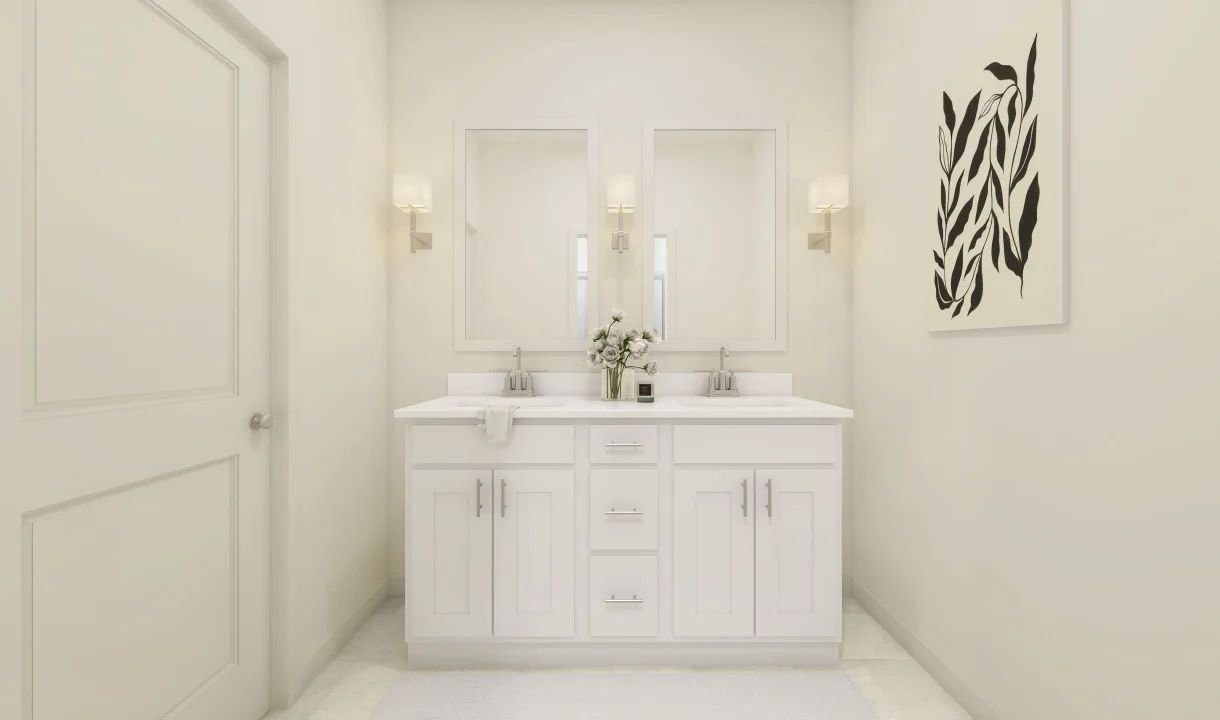Primary bath with freestanding dual vanities