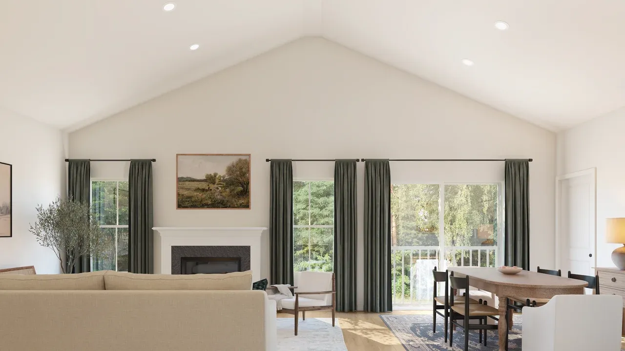 Great room & dining area with vaulted ceiling