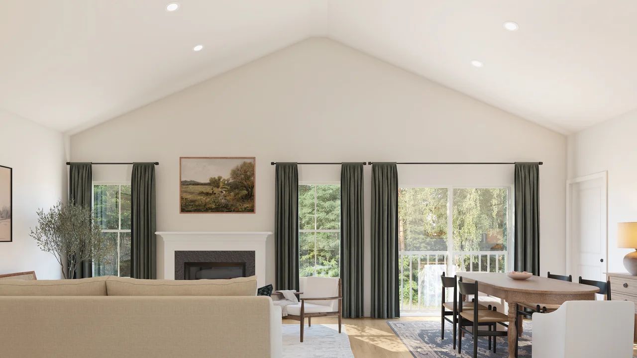 Great room & dining area with vaulted ceiling