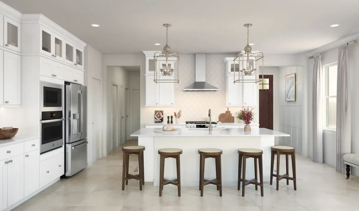 Kitchen with pendant lighting and glass upper cabinets