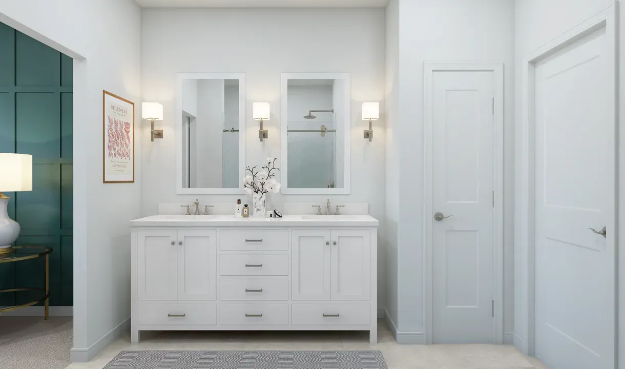 Primary bath featuring freestanding vanity with dual sinks
