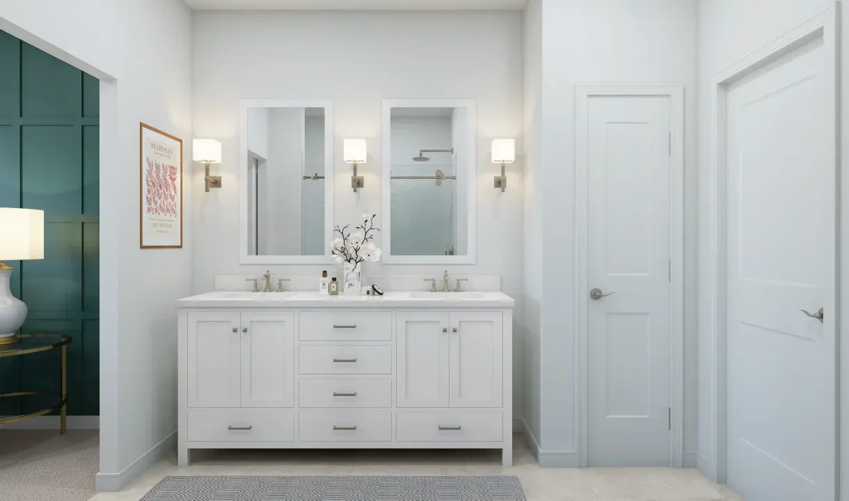 Primary bath featuring freestanding vanity with dual sinks