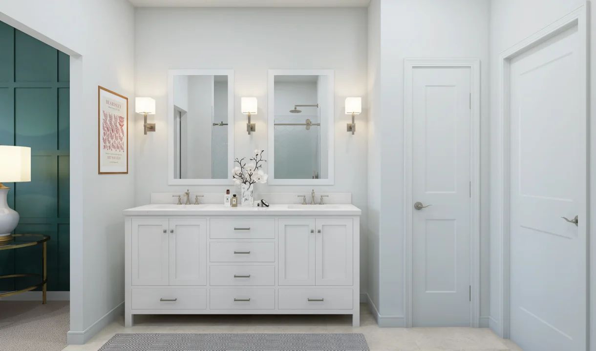 Primary bath featuring freestanding vanity with dual sinks