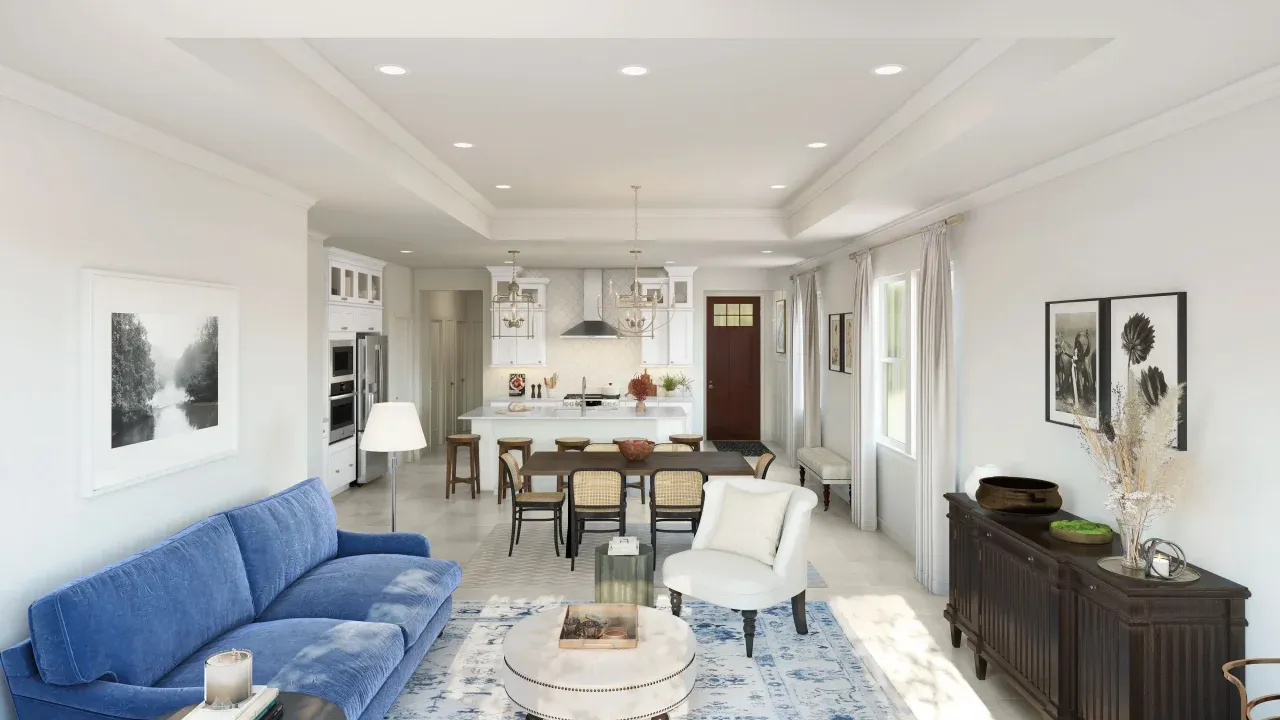 Great room with crown moulding and tray ceiling