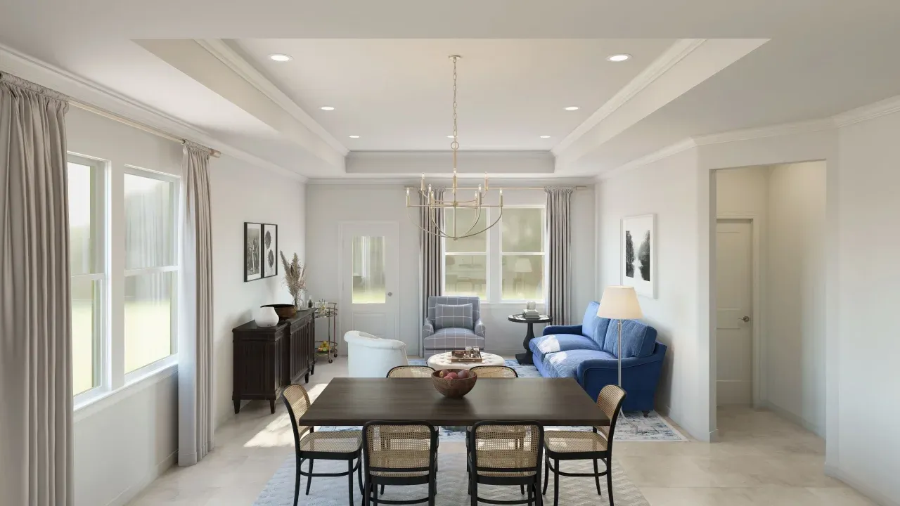 Great room with crown moulding and chandelier