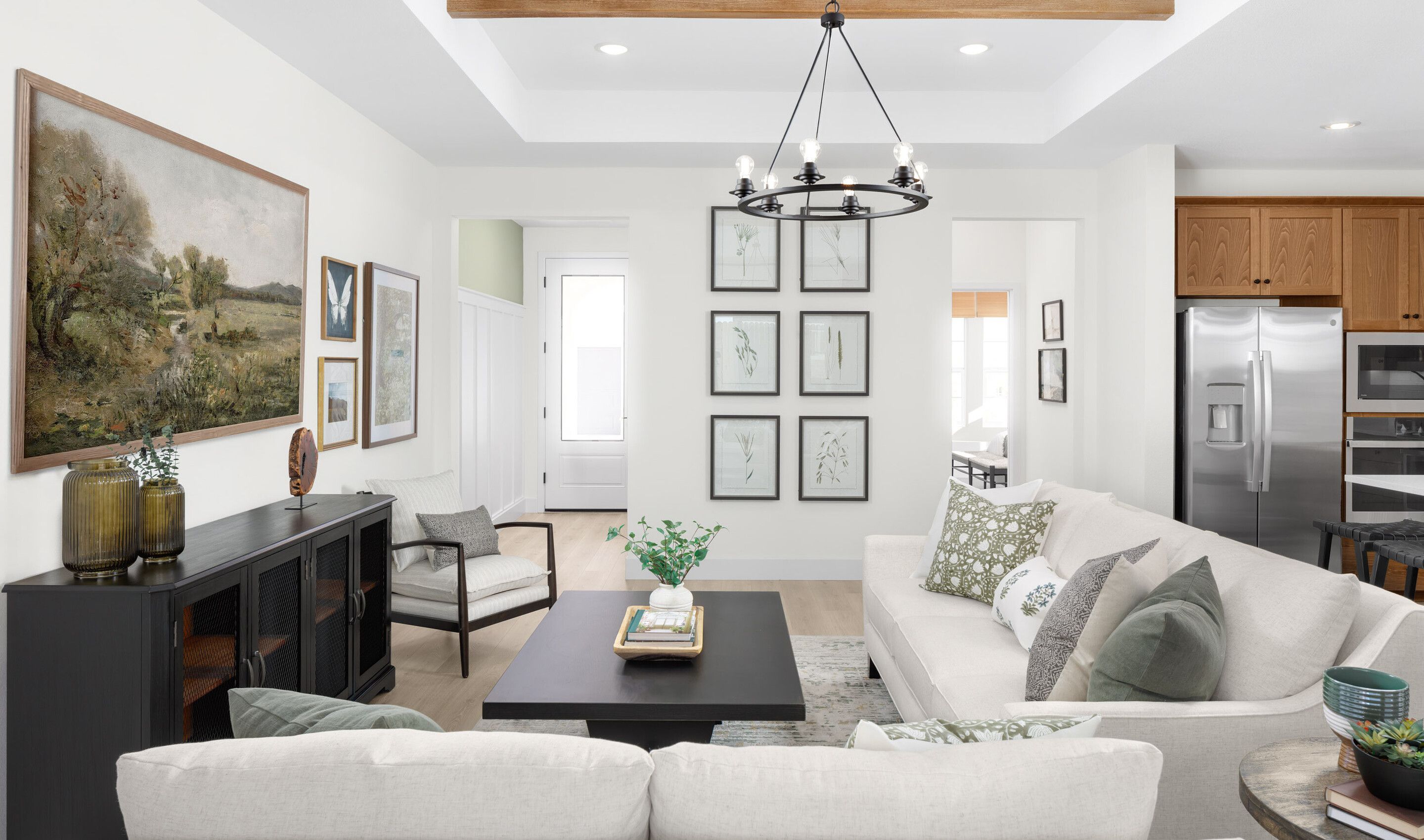 Spacious great room with chandelier