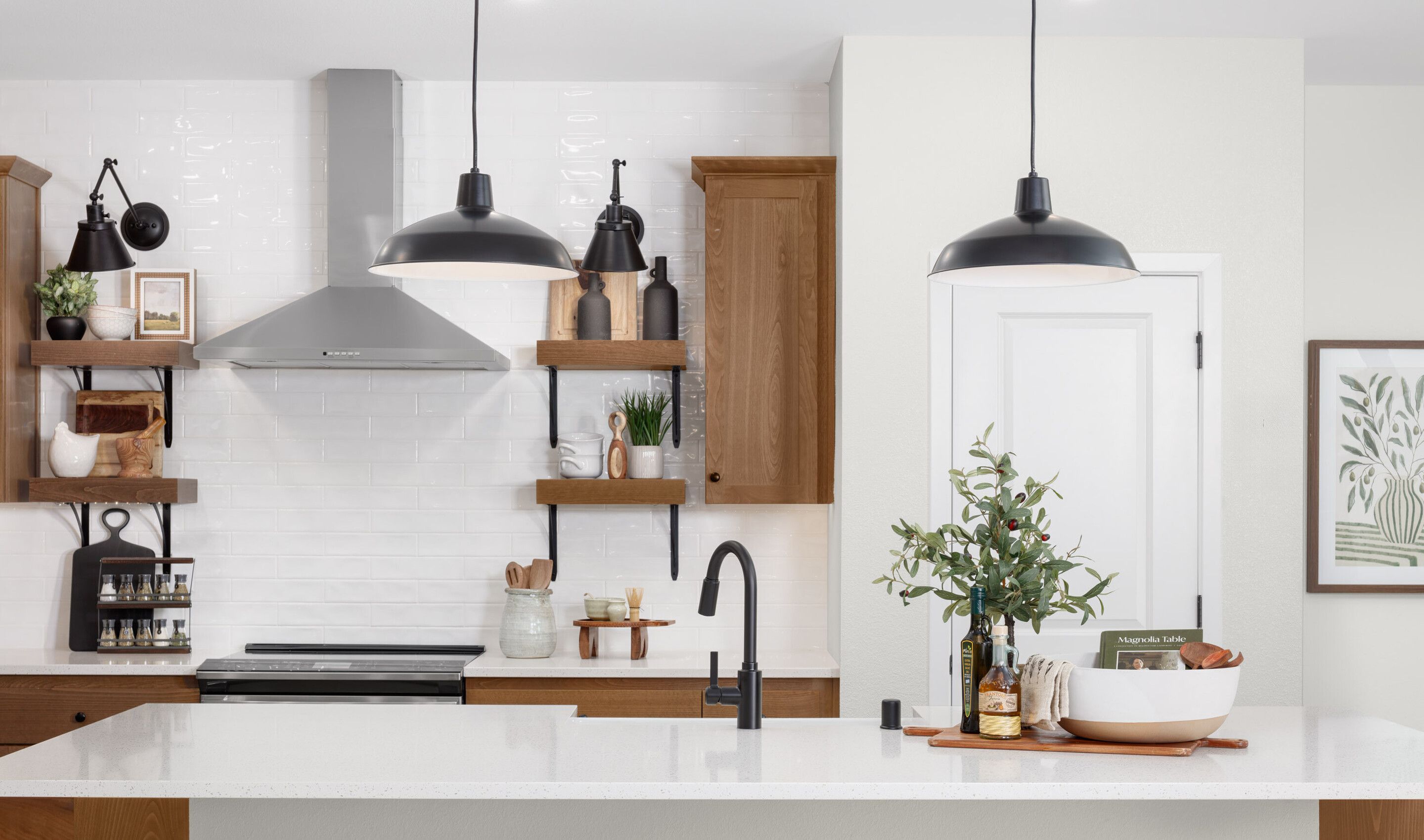 Subway tile backsplash and floating shelves