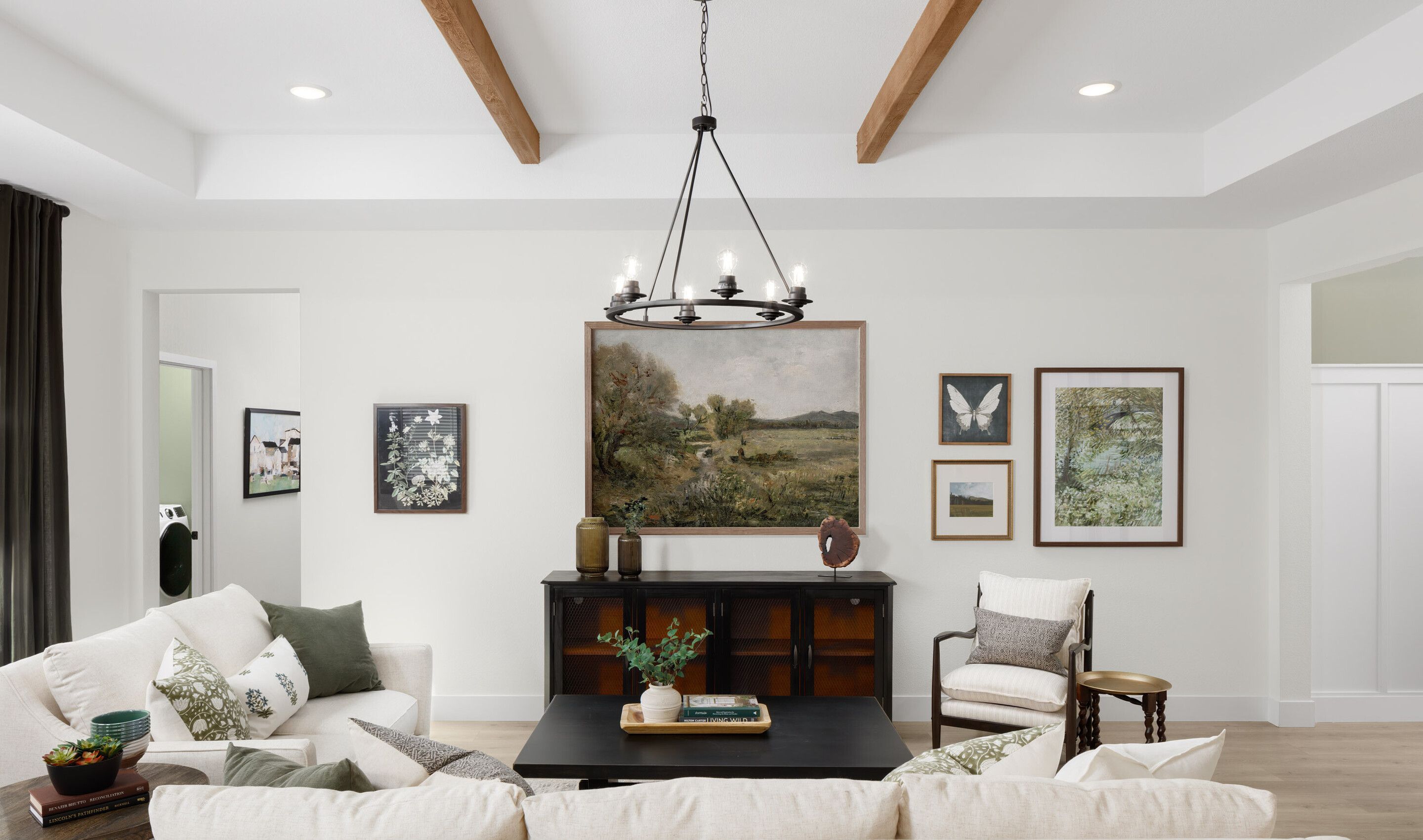 Great room with stained ceiling beams