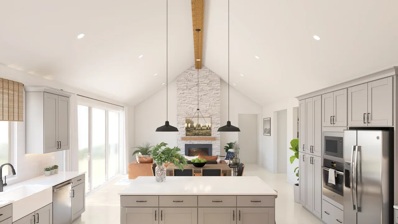 Vaulted ceiling in kitchen overlooking great room