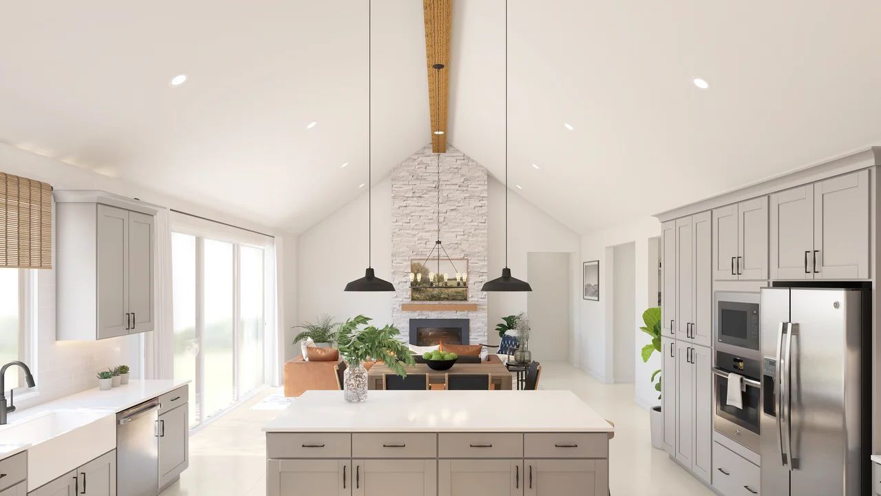 Vaulted ceiling in kitchen overlooking great room