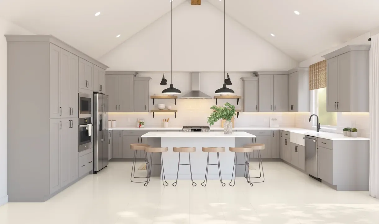 Kitchen with pendant lights and floating shelves