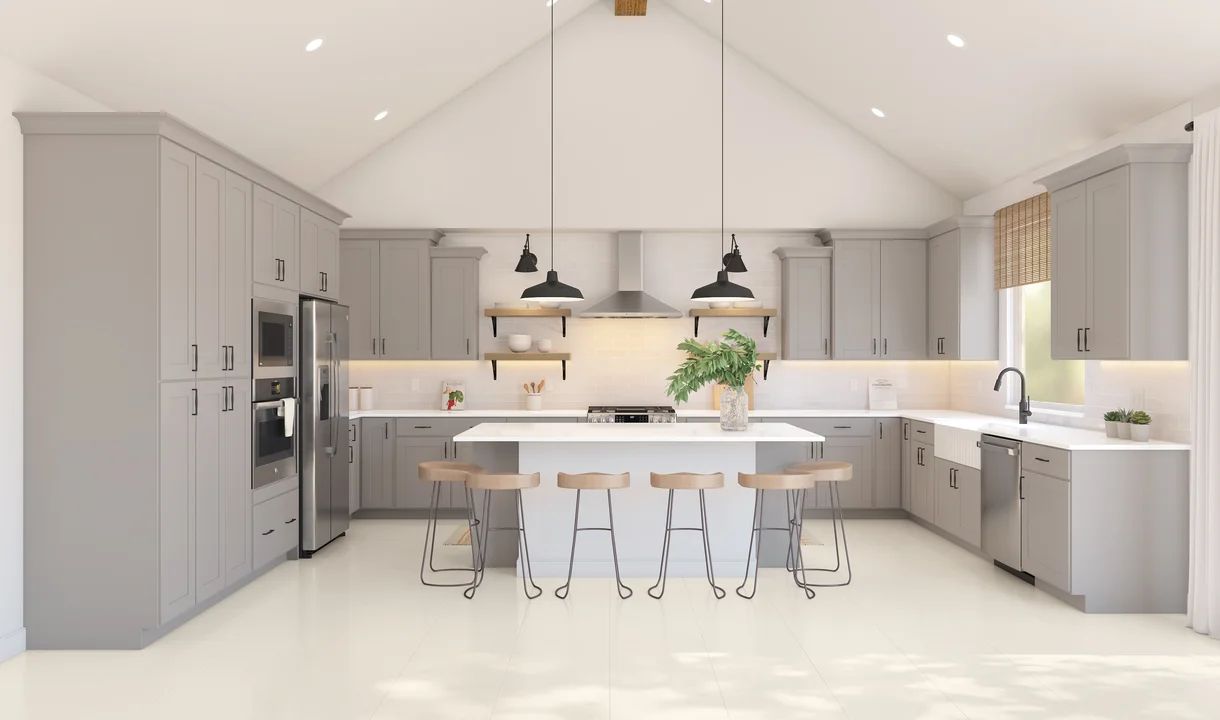 Kitchen with pendant lights and floating shelves