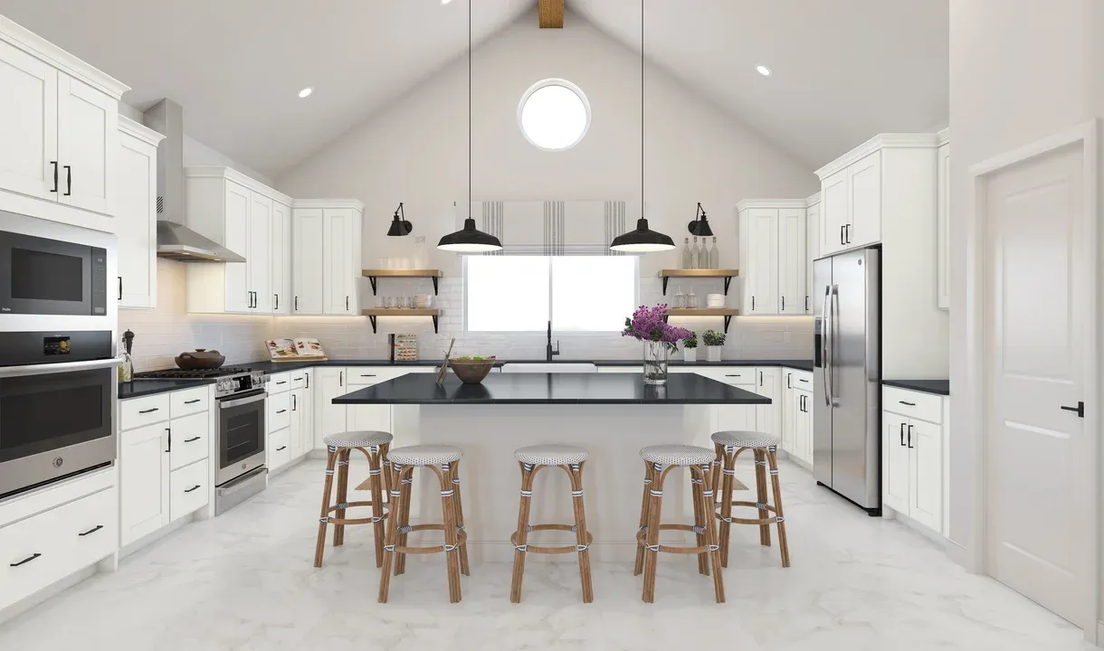 Kitchen with vaulted ceiling, vast island & pendant lights