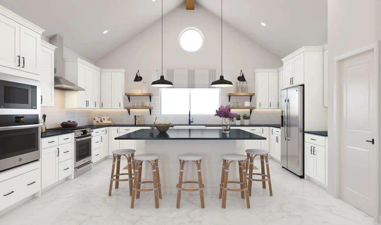 Kitchen with vaulted ceiling, vast island & pendant lights