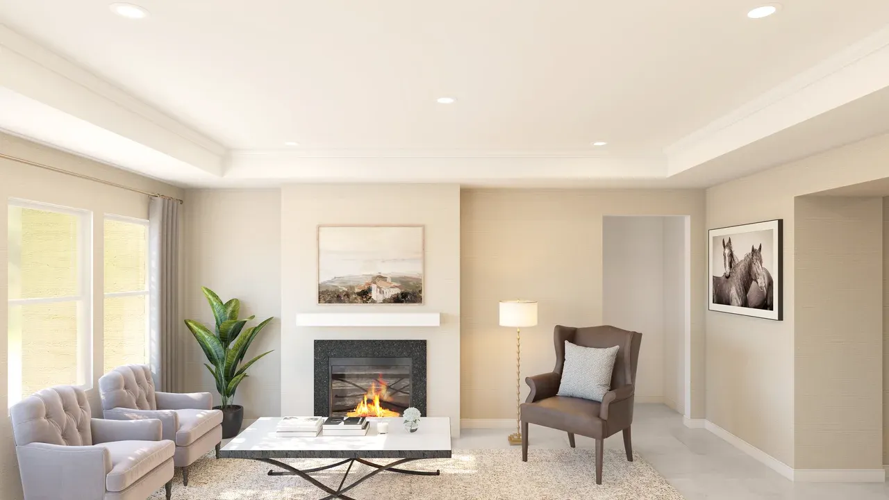 Great room ceiling with crown moulding