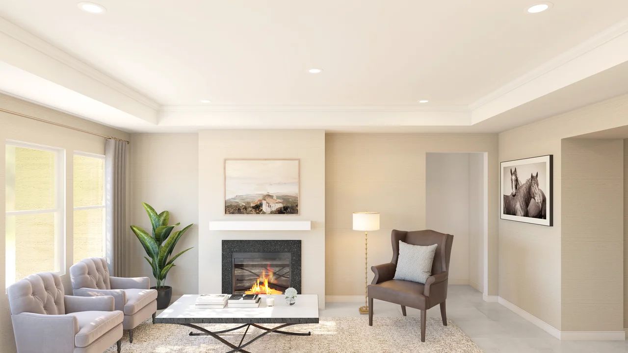 Great room ceiling with crown moulding