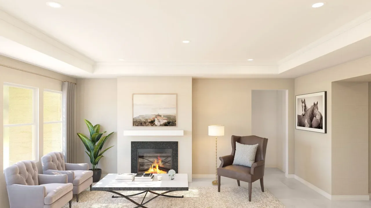 Great room ceiling with crown moulding