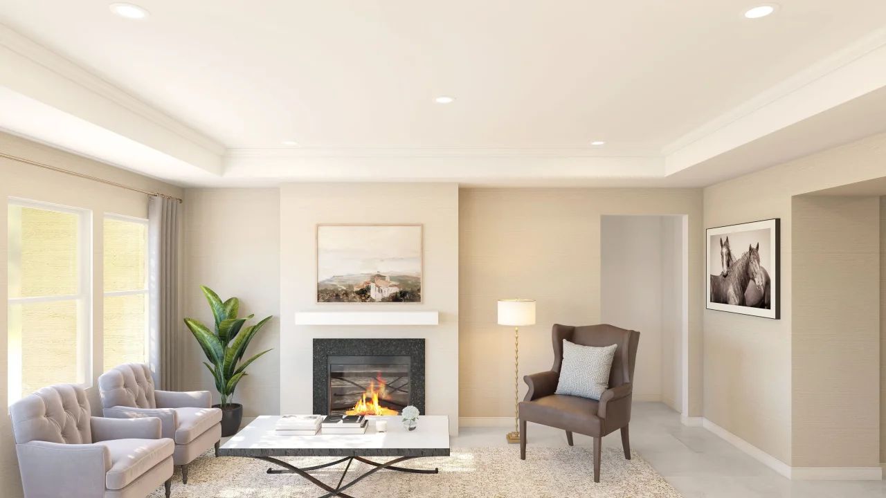 Great room ceiling with crown moulding