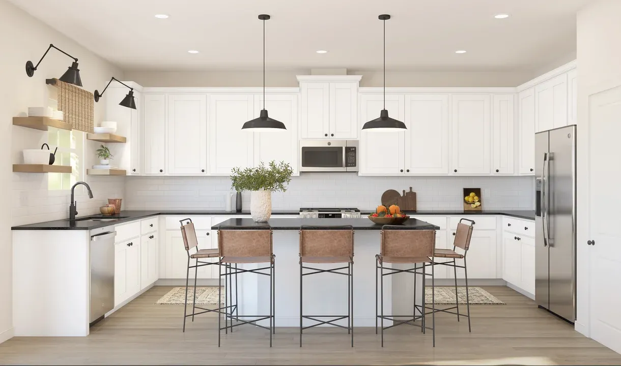 Kitchen with pendant lights & matte black hardware