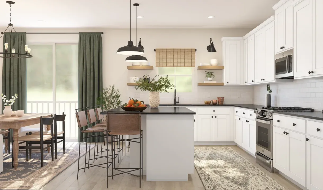 Kitchen with white cabinetry & floating shelves