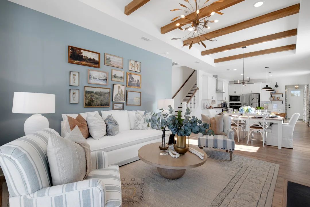 Great room with stained ceiling beams