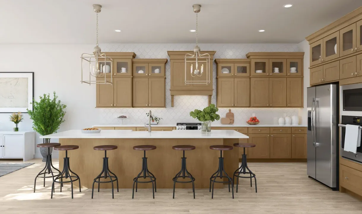 Kitchen with wood-stained & upper glass cabinetry