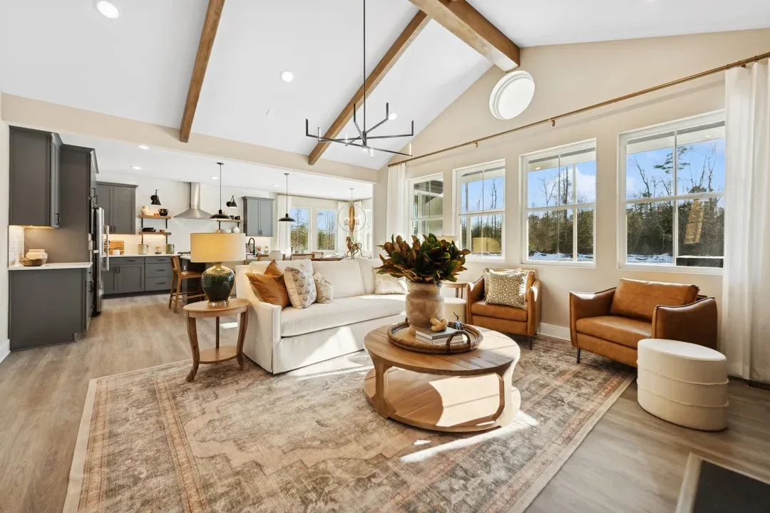 Great room with vaulted ceiling & stained ceiling beams