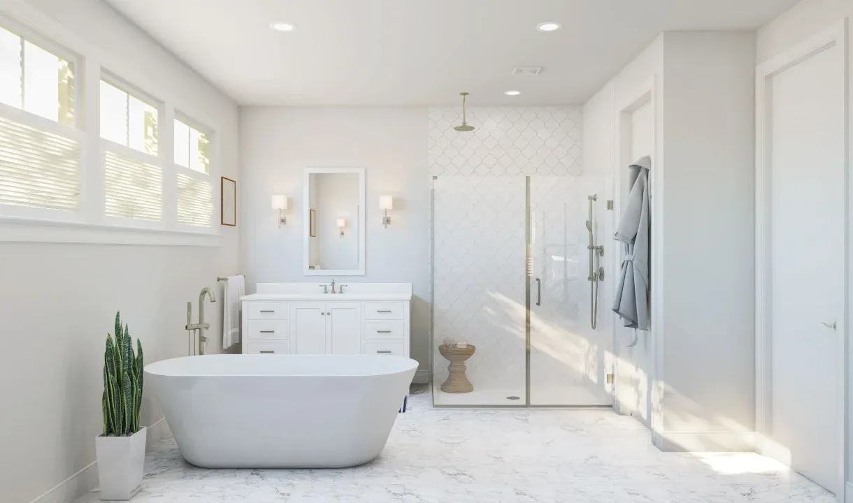 Primary bath with freestanding tub and glass shower enclosure