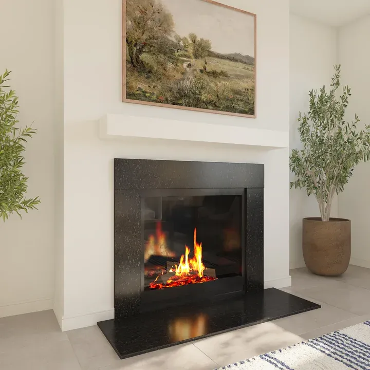 Fireplace with mantel anchors the great room