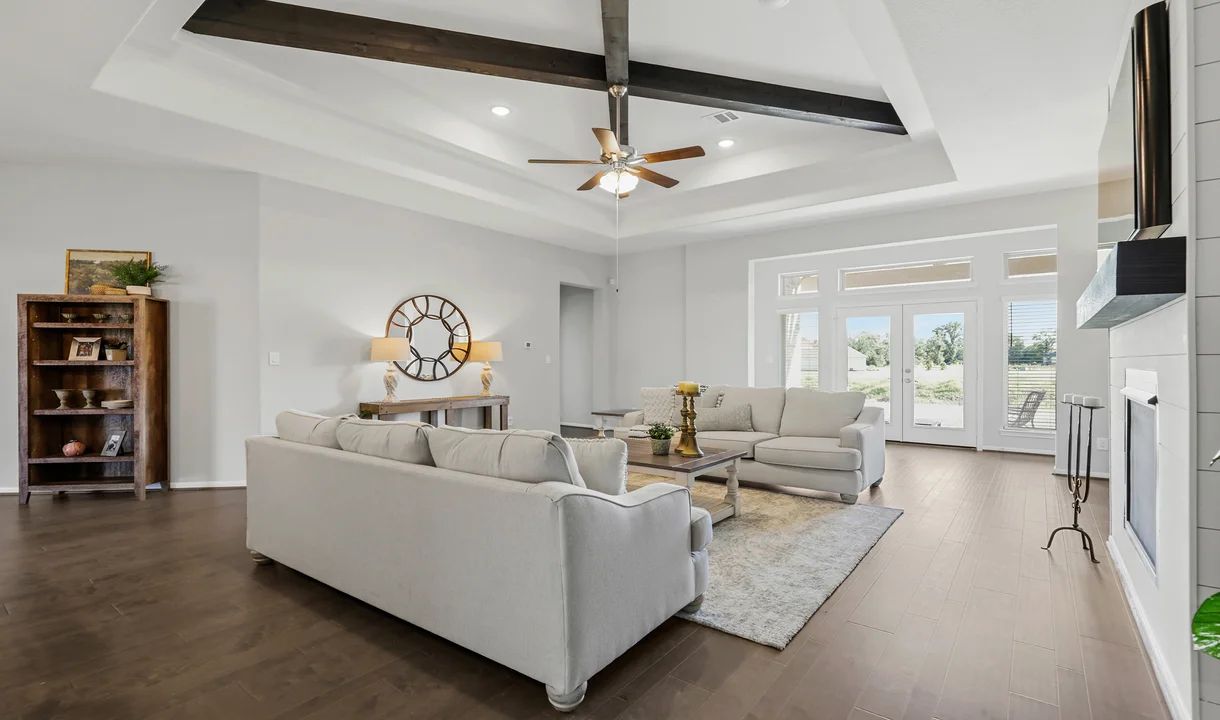 Stained ceiling beams in great room