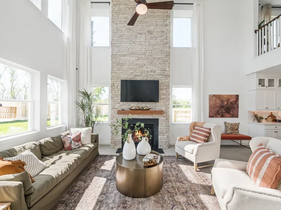 Great room with striking fireplace focal point