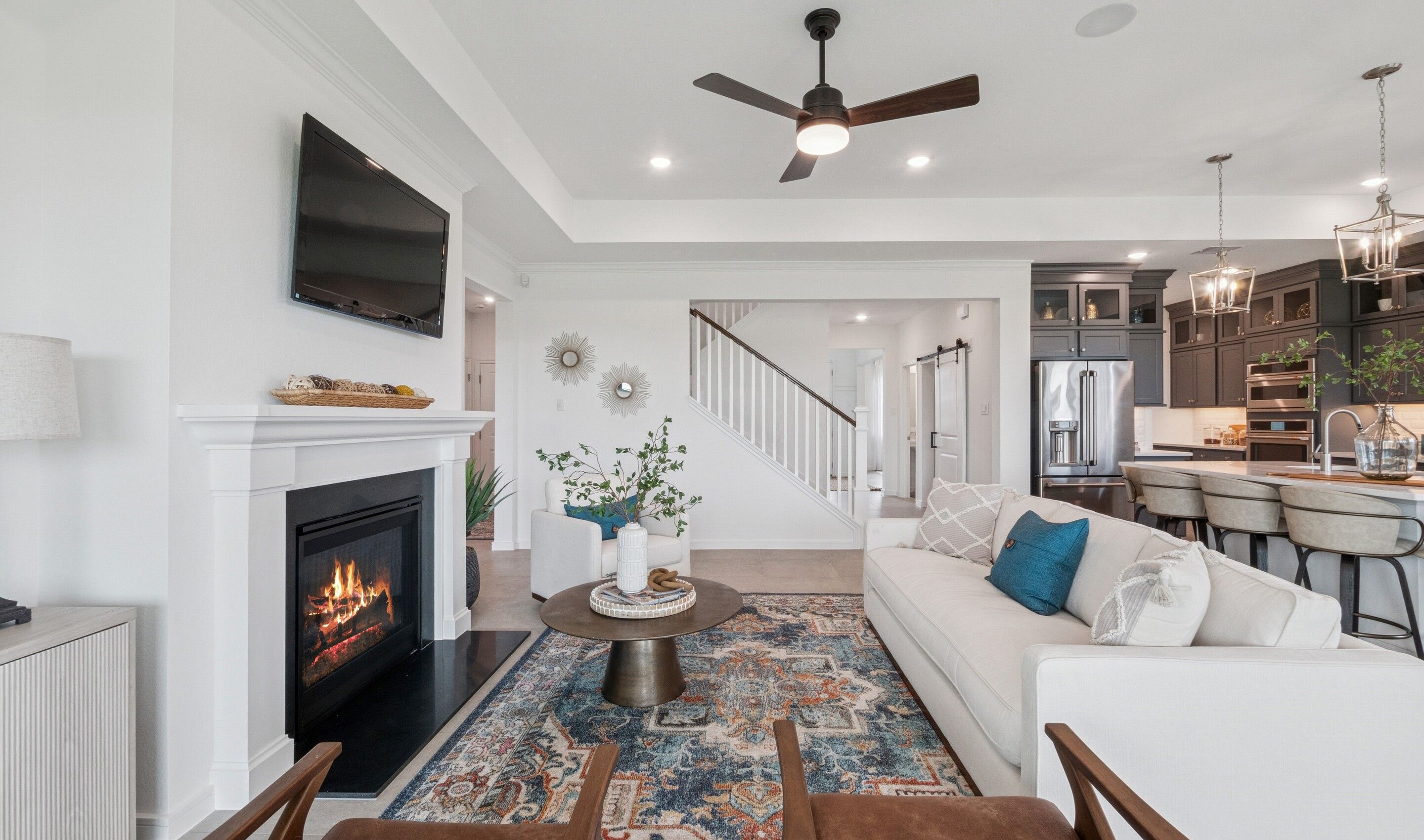 Great room with tray ceiling