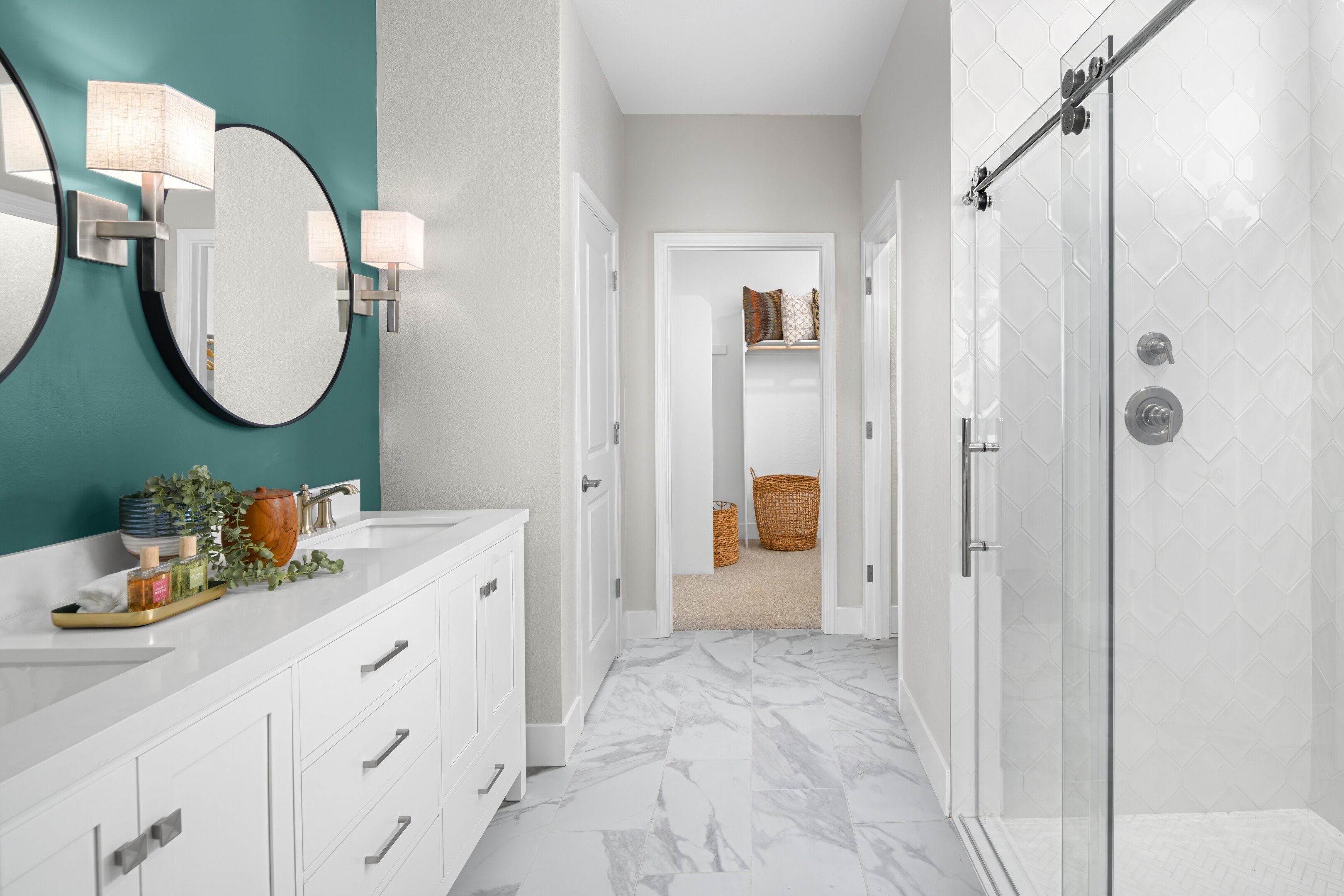 Primary bath with glass shower enclosure