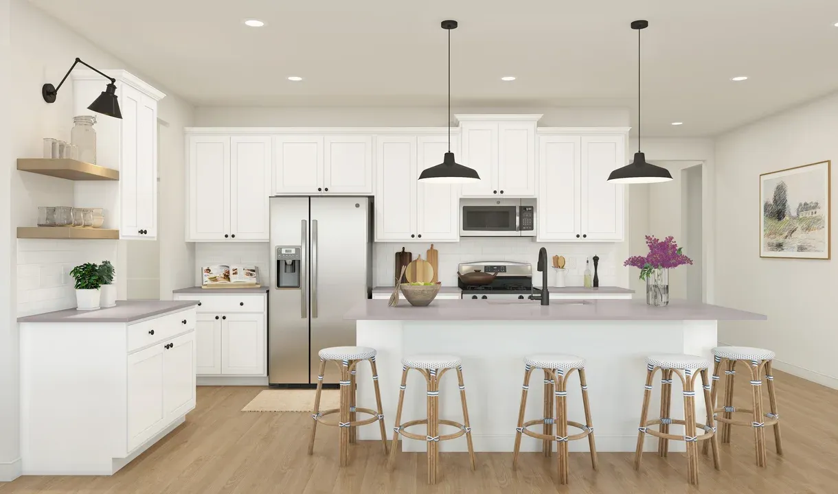 Kitchen with pendant lights & floating shelves