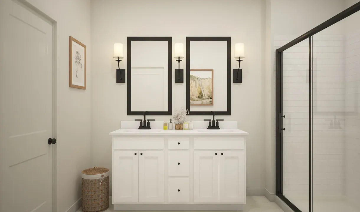 Primary bath with dual sinks & matte black hardware