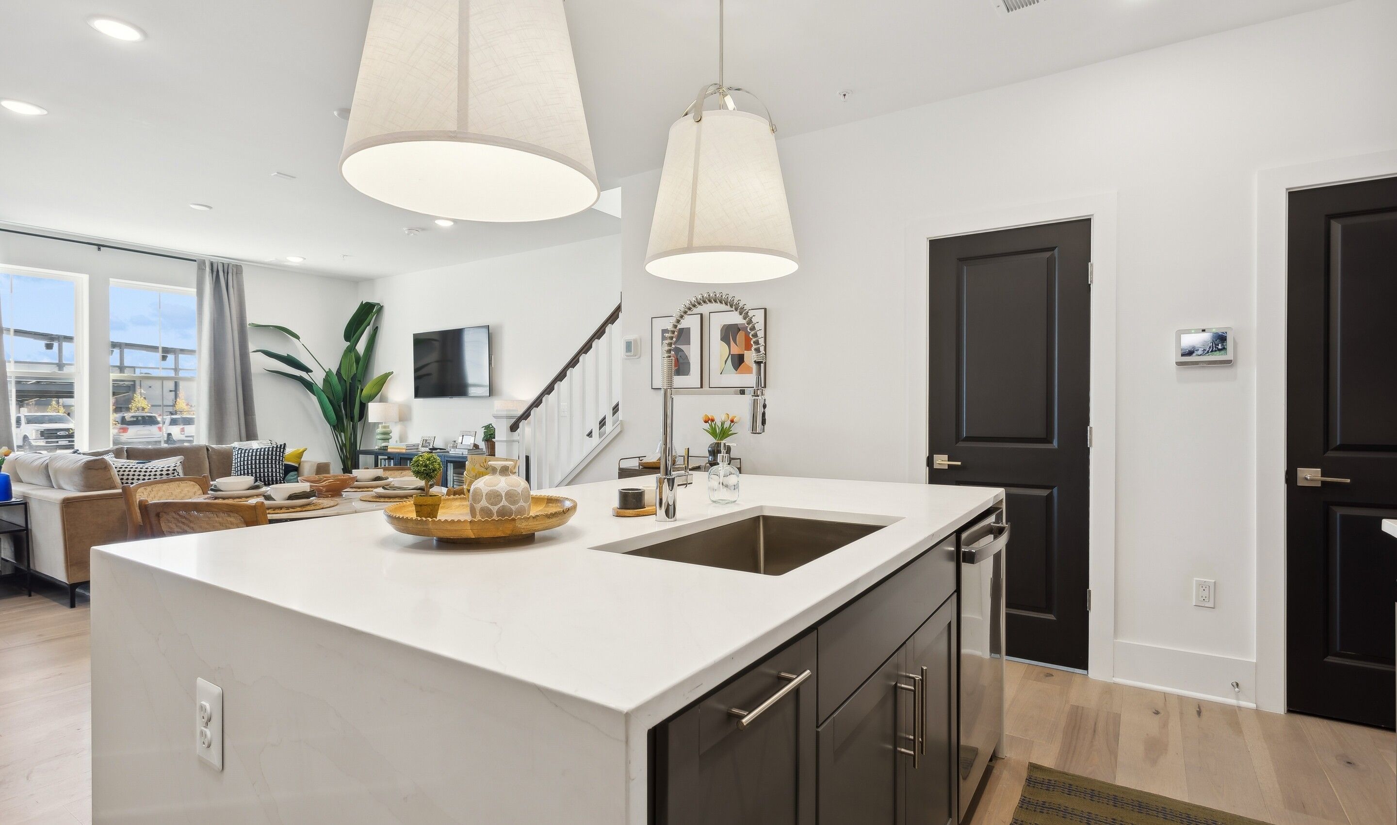 Kitchen overlooking dining area and great room