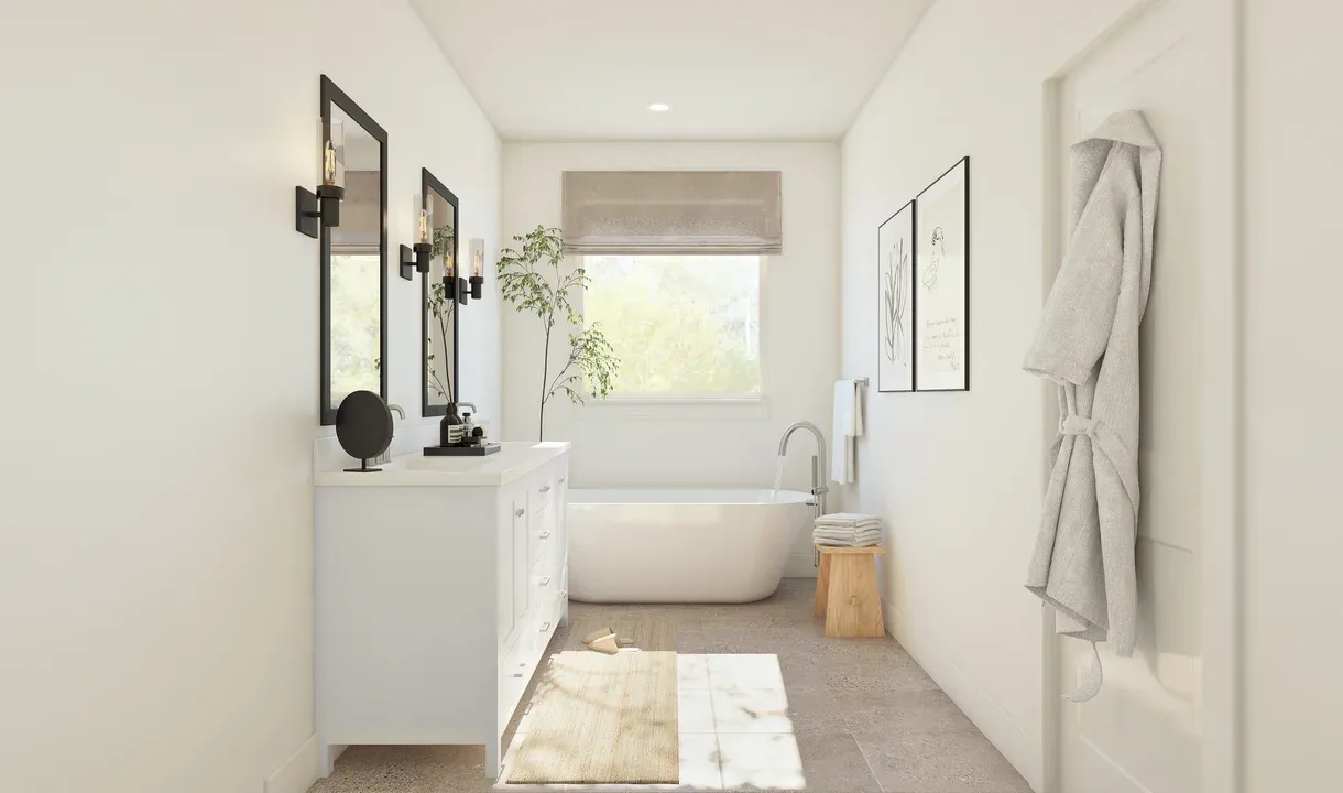 Primary bath features freestanding vanity with dual sinks