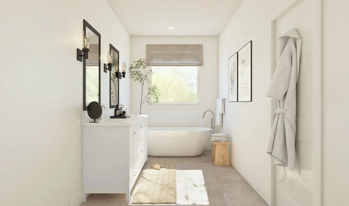 Primary bath features freestanding vanity with dual sinks