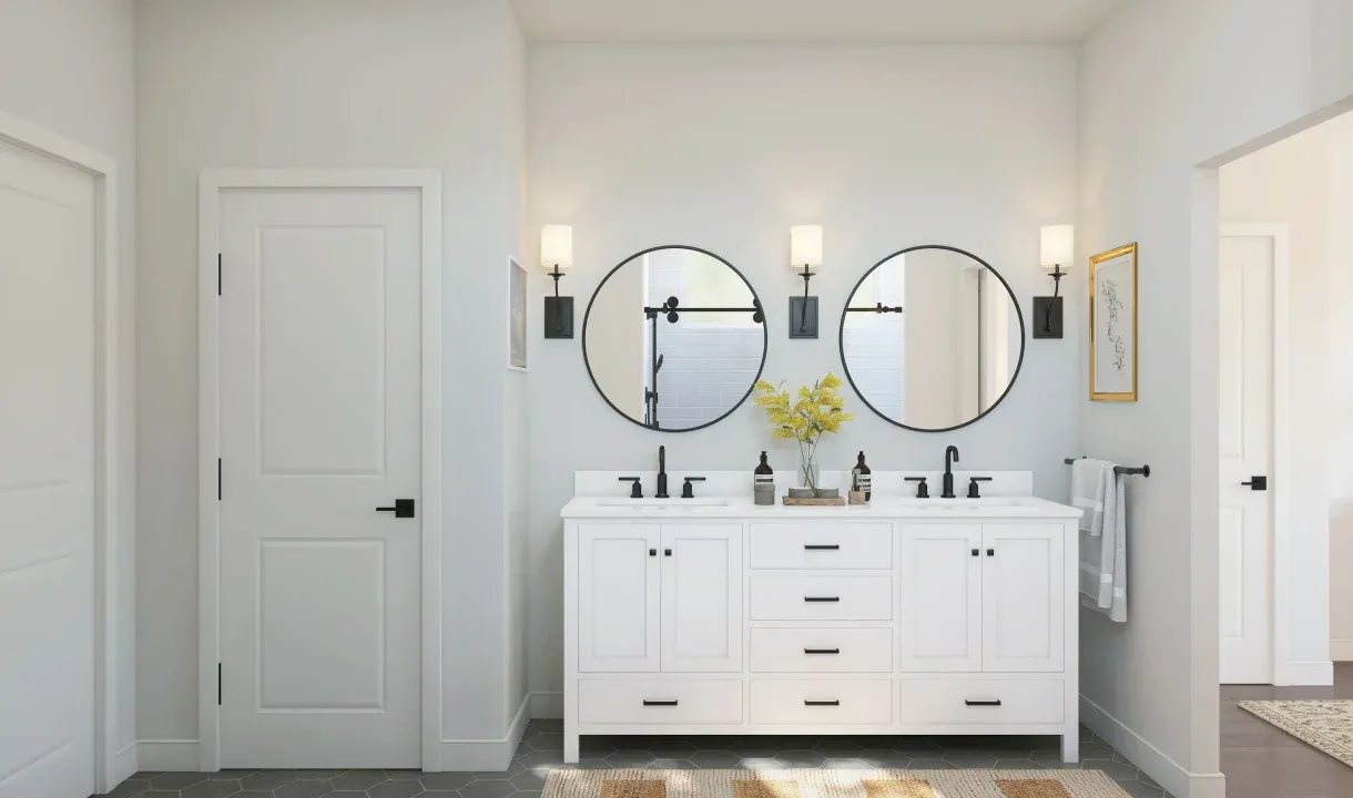Primary bath with freestanding vanity