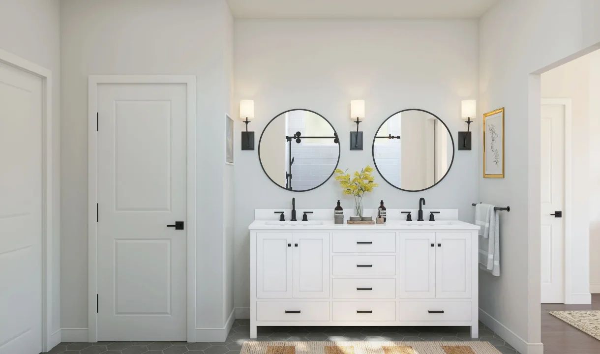 Primary bath with freestanding vanity