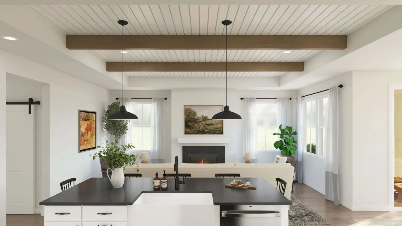 Ceiling with shiplap and stained ceiling beams