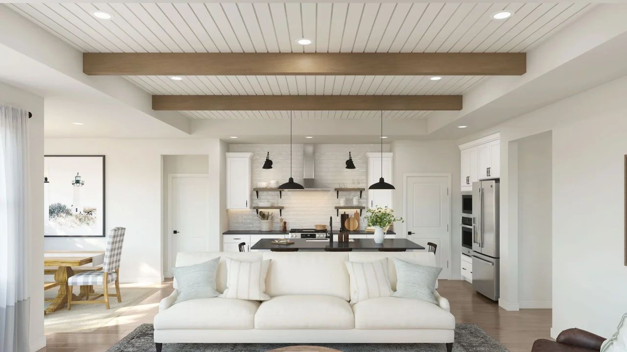 Ceiling with shiplap and stained ceiling beams