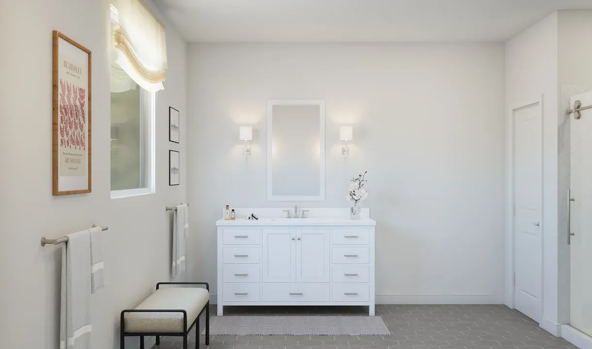 Primary bath with freestanding vanities