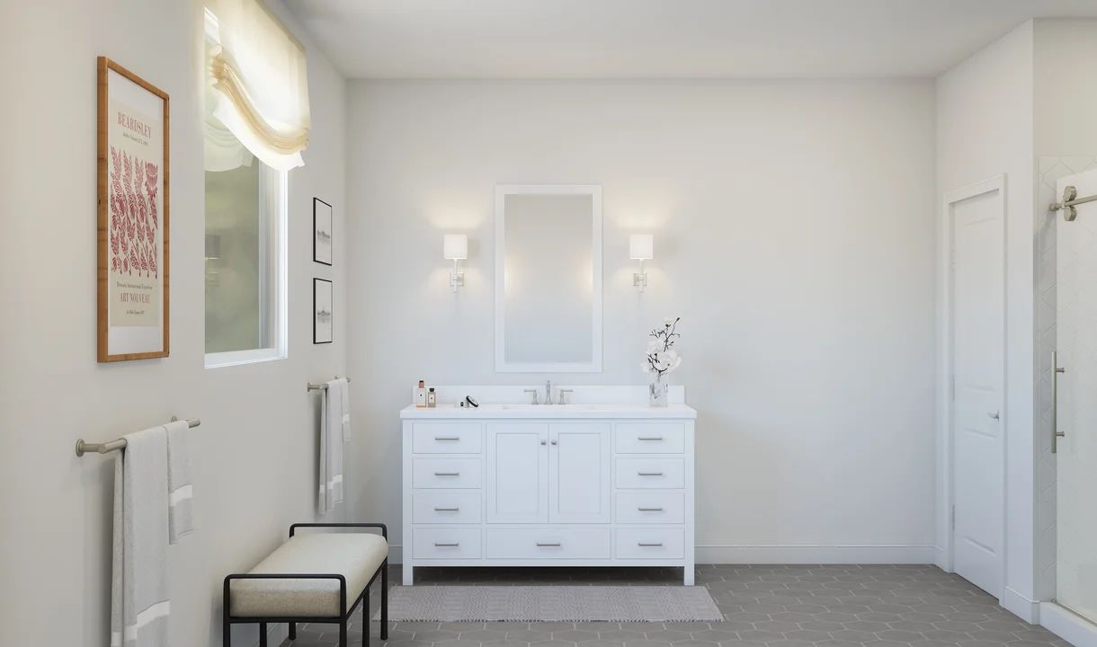 Primary bath with freestanding vanities