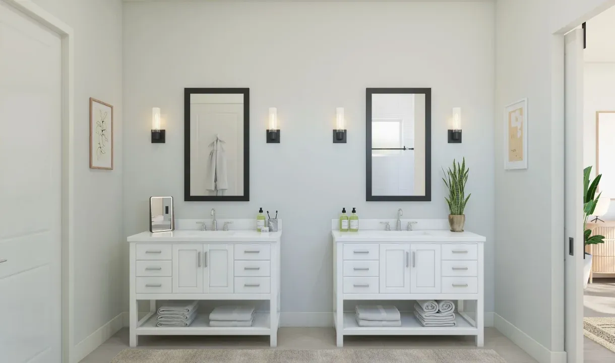 Primary bath with dual freestanding vanities