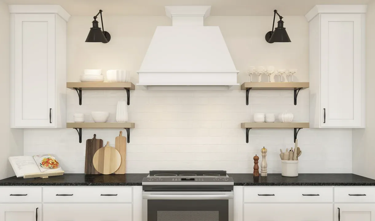 Kitchen with floating shelves and matte black finishes