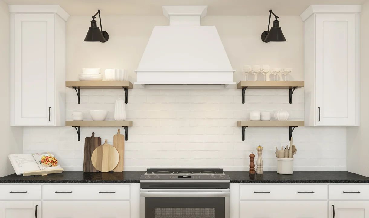 Kitchen with floating shelves and matte black finishes
