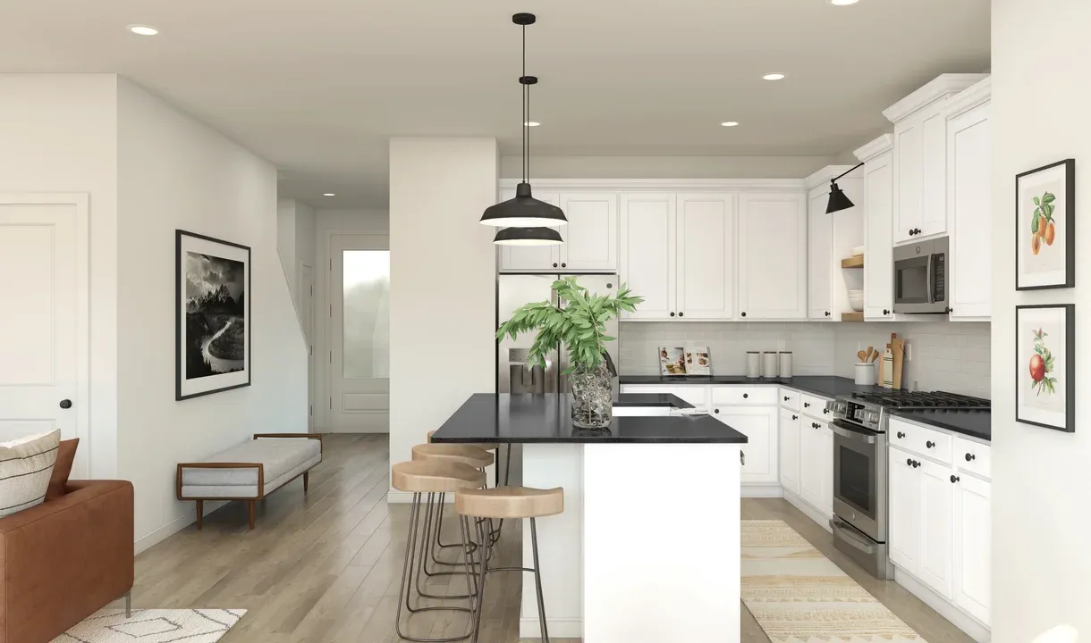 Kitchen with quartz countertops & matte black hardware