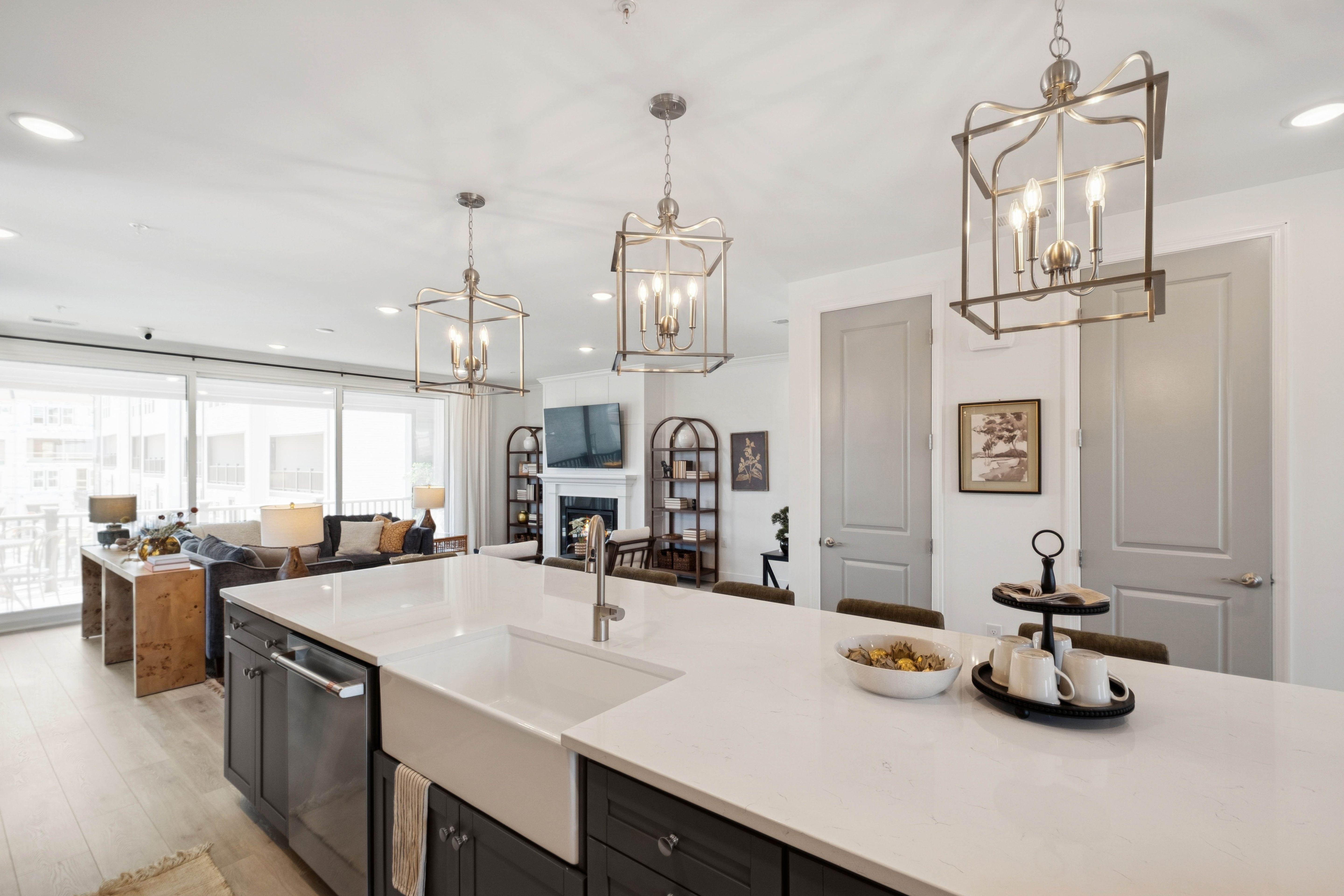 Island with white apron-front sink